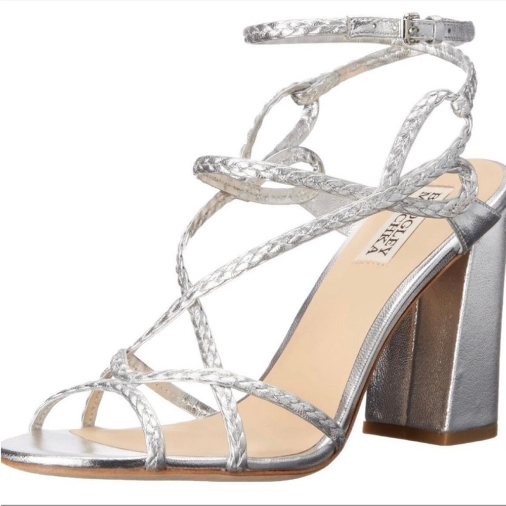 Silver Strappy Block Heel Sandals Badgley Mischka 8.5